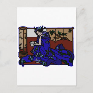 Postal Lectura de Geisha en el Kimono Azul