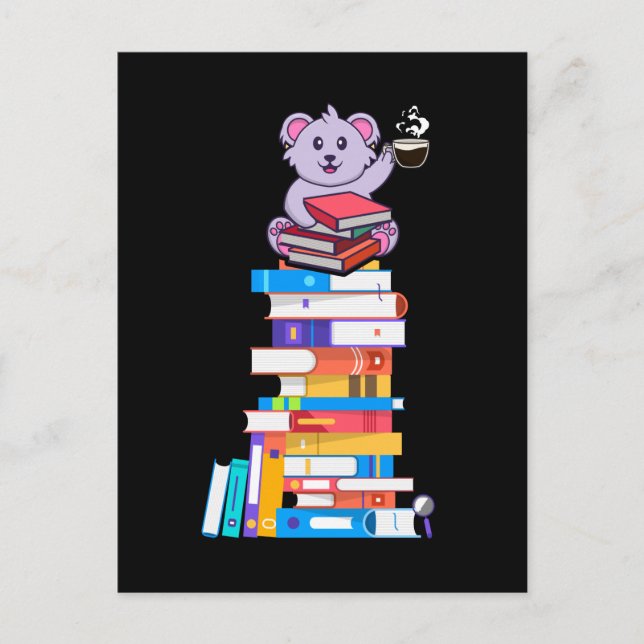 Postal Lectura de libros Café de té Kawaii Bookworm Koala (Anverso)