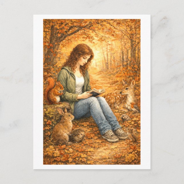 Postal Lectura en el bosque en otoño (Anverso)