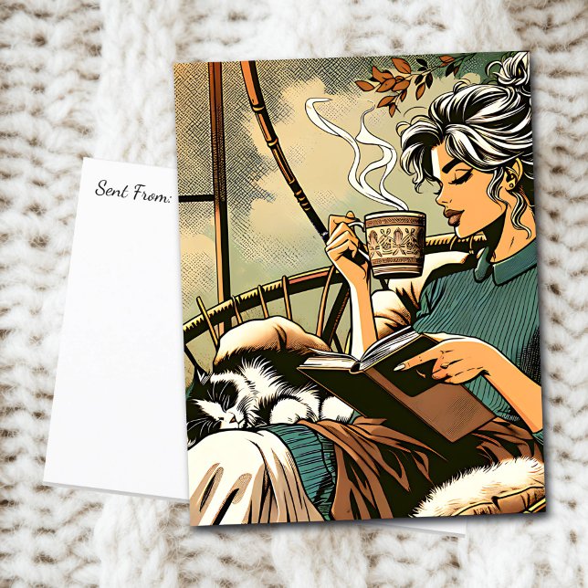 Postal Lecturas de una dama acogedora con café y gato (Subido por el creador)