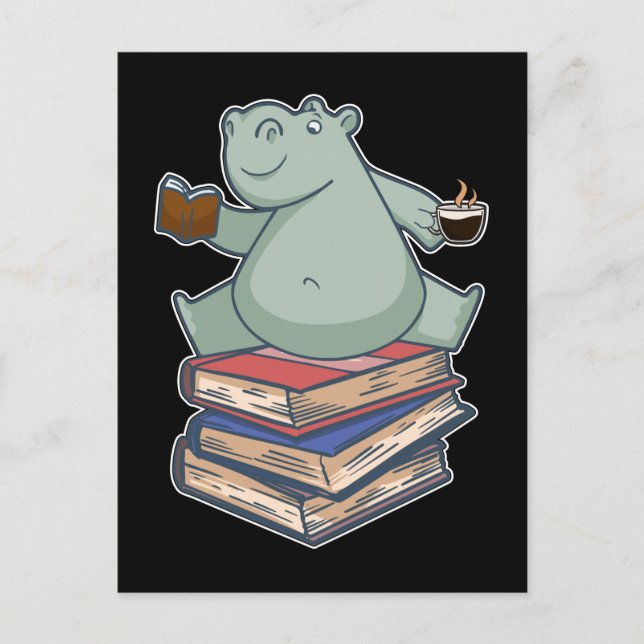 Postal Leer libro café té Kawaii Bookworm Hippo (Anverso)