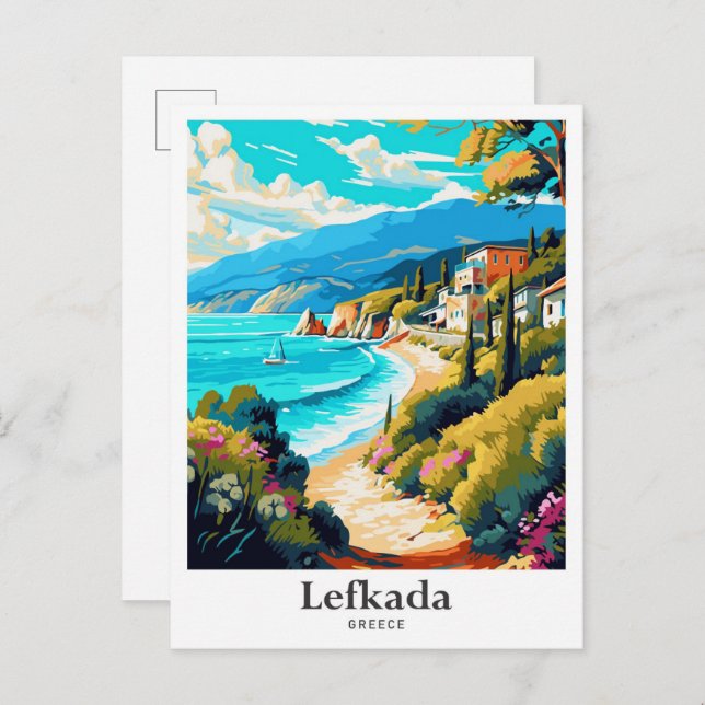 Postal Lefkada Grecia Ilustracion de Viajes (Anverso / Reverso)