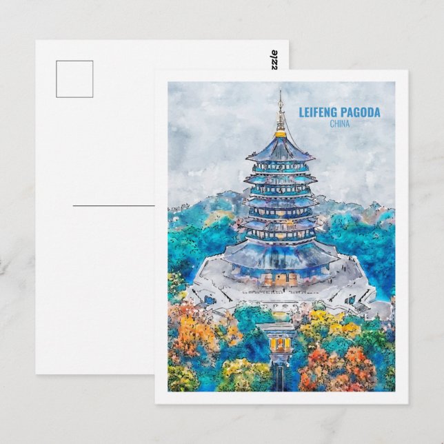 Postal Leifeng Pagoda china Travel Watercolor Sketch (Anverso / Reverso)