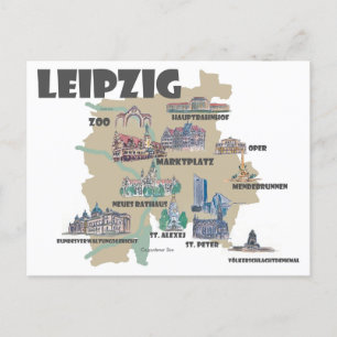 Postal Leipzig Alemania - Mapa retro con atracciones