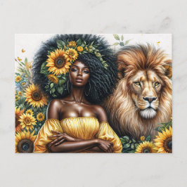 Postal Leo Black Woman With Lion Sunflower Theme