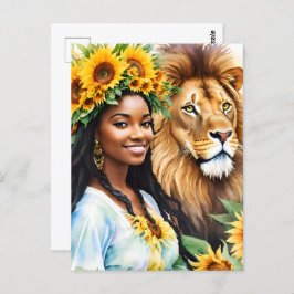 Postal Leo Black Woman With Sunflowers and Lion