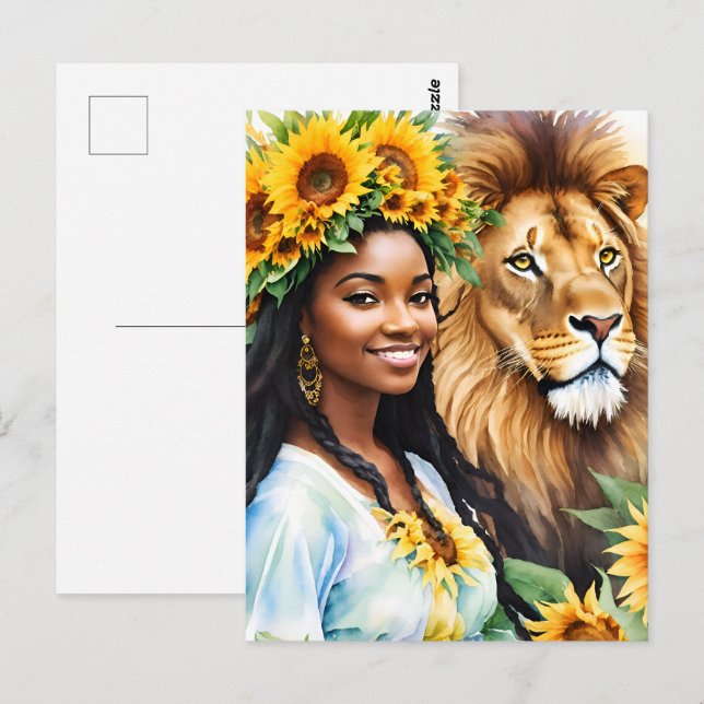 Postal Leo Black Woman With Sunflowers and Lion (Anverso / Reverso)