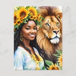 Postal Leo Black Woman With Sunflowers and Lion