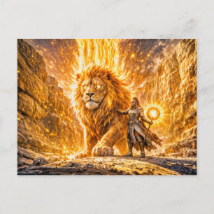 Postal Leo Místico Zodíaco en Escena de Fantasía Ígnea