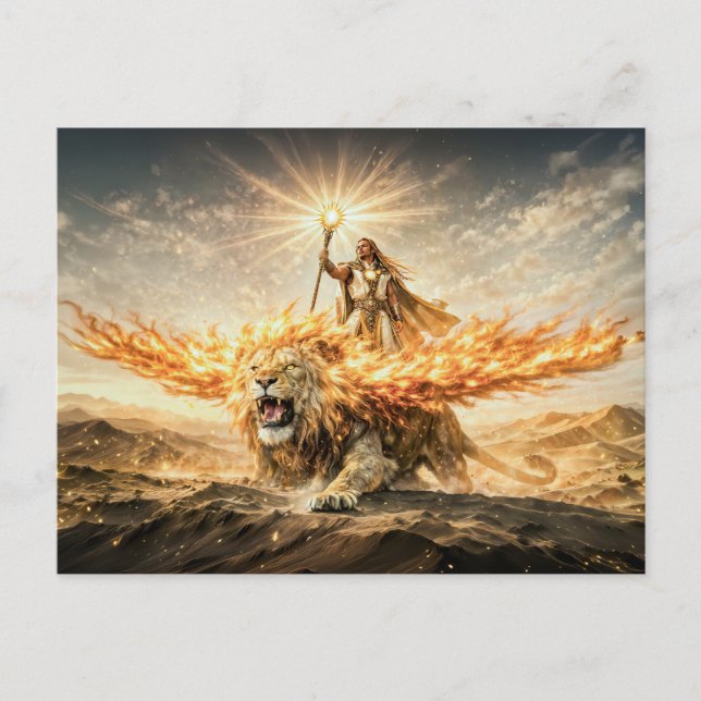 Postal Leo Zodiac with Warrior Riding a Fiery Winged Lion (Anverso)