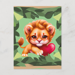 Postal León bebé de la selva con corazón rojo