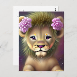 Postal León bebé lindo con flores rosadas gráfico