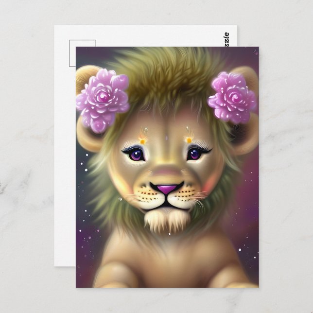 Postal León bebé lindo con flores rosadas gráfico (Anverso / Reverso)