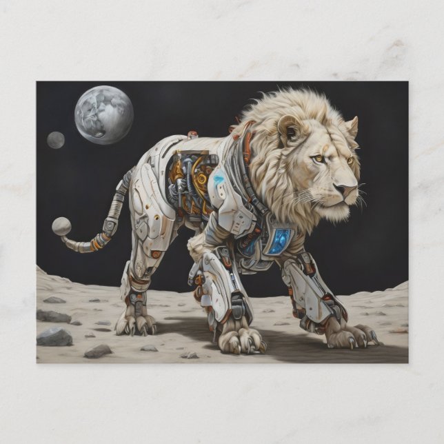 Postal León blanco roótico sobre la superficie de la luna (Anverso)