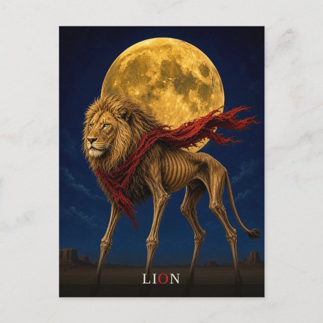 Postal León Bufanda Roja Gótico Surrealista (Anverso)