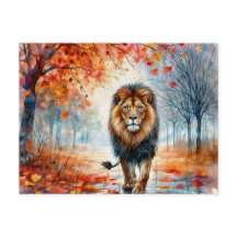 León Caminando En La Acuarela Del Otoño