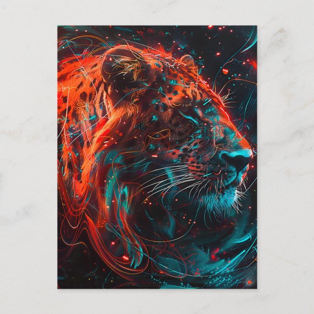 Postal León con senderos rojos de luz turquesa (Anverso)