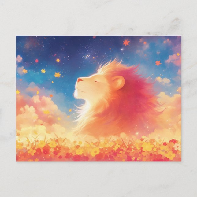 Postal León en Campo de Flores Silvestres Bajo Cielo Noct (Anverso)