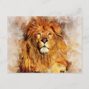 Postal León macho con retrato de acuarela de gran tamaño