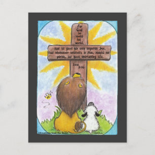 Postal León y cordero en la cruz