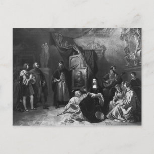 Postal Leonardo da Vinci pintando la Gioconda