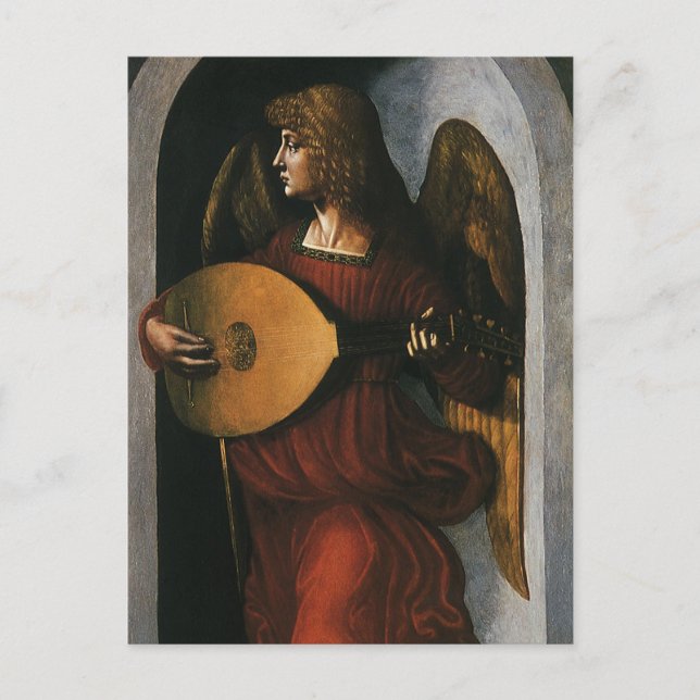 Postal Leonardo da Vinci un ángel en rojo con un lute (Anverso)