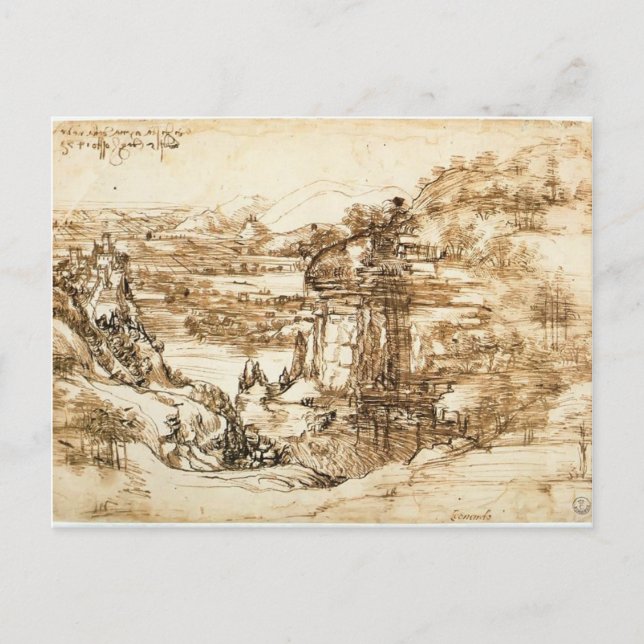 Postal Leonardo Vinci- Dibujo paisajístico para Santa Mar (Anverso)