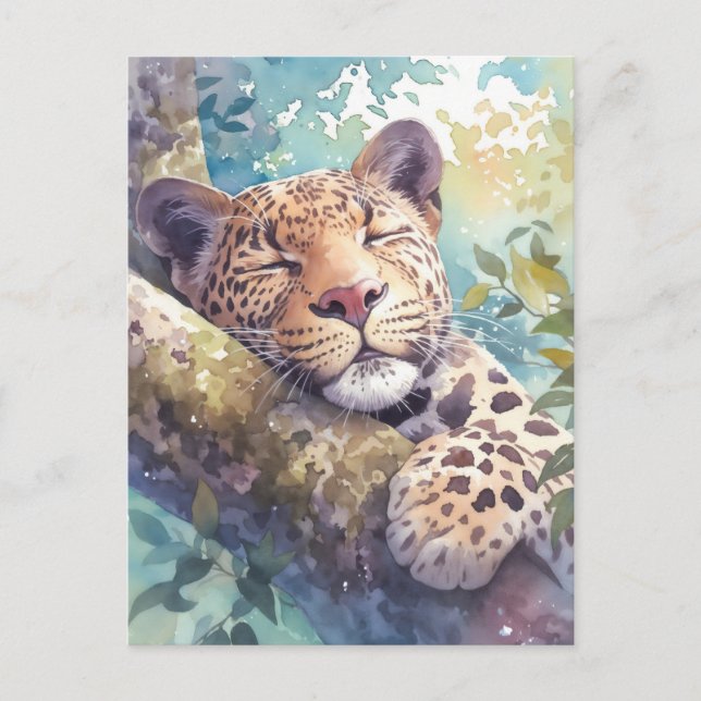 Postal Leopard Resting on Tree Branch in Sunlit Forest (Anverso)