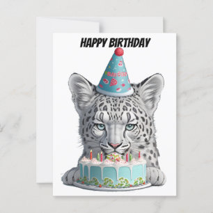 Postal Leopardo de las nieves con sombrero de cumpleaños