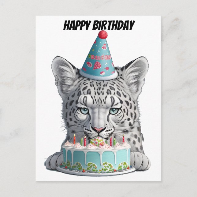 Postal Leopardo de las nieves con sombrero de cumpleaños (Anverso)
