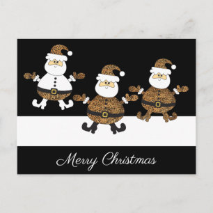 Postal Leopardo Feliz Triple Santa Nieve Sobre Negro
