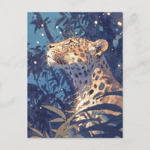 Postal Leopardo mirando hacia el cielo estrellado en la s