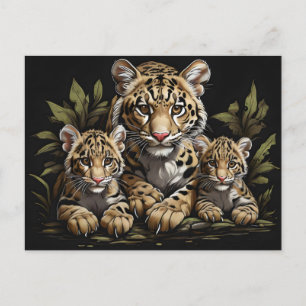 Postal leopardo nublado con cachorros