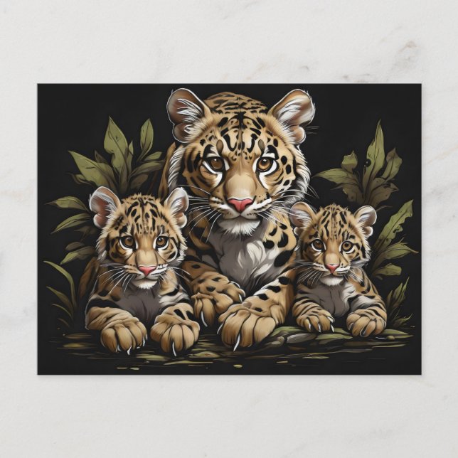 Postal leopardo nublado con cachorros (Anverso)