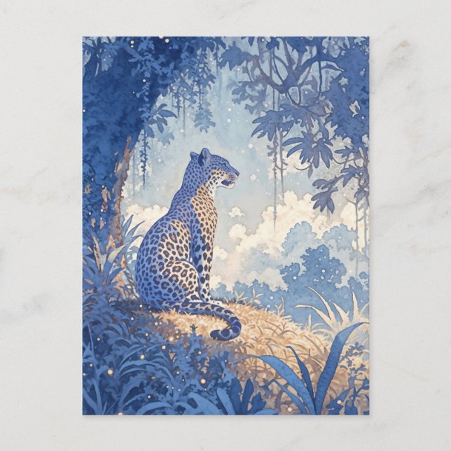 Postal Leopardo Sentado en Niebla Acuarela de Bosque Índi (Anverso)
