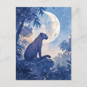 Postal Leopardo Sentado en Roca Bajo Luna Llena Brillante