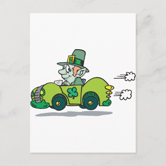 Postal Leprechaun Conduciendo Un Coche Verde (Anverso)