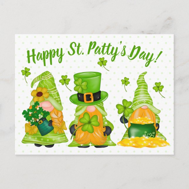 Postal Leprechaun Gnome Shamrock Feliz Día del Santo Patt (Anverso)