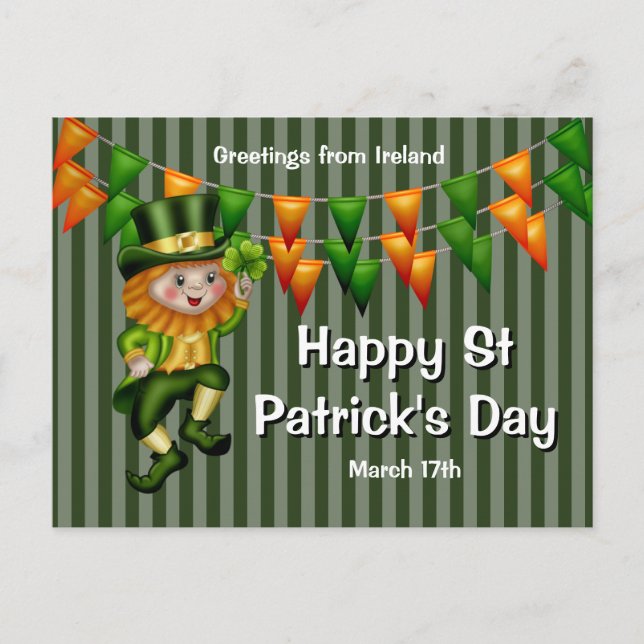 Postal Leprechaun jig afortunado shamrock naranja verde (Anverso)