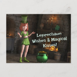 Postal Leprechaun Toon Chica al lado de la olla de oro
