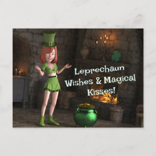 Postal Leprechaun Toon Chica al lado de la olla de oro