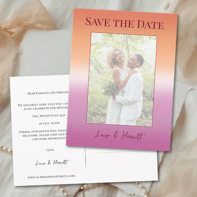 Postal Lesbian Wedding Photo Pride Flag Save the Date (Subido por el creador)