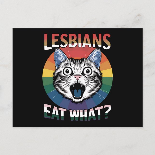 Postal Lesbianas comen qué gato humor bandera del orgullo (Anverso)