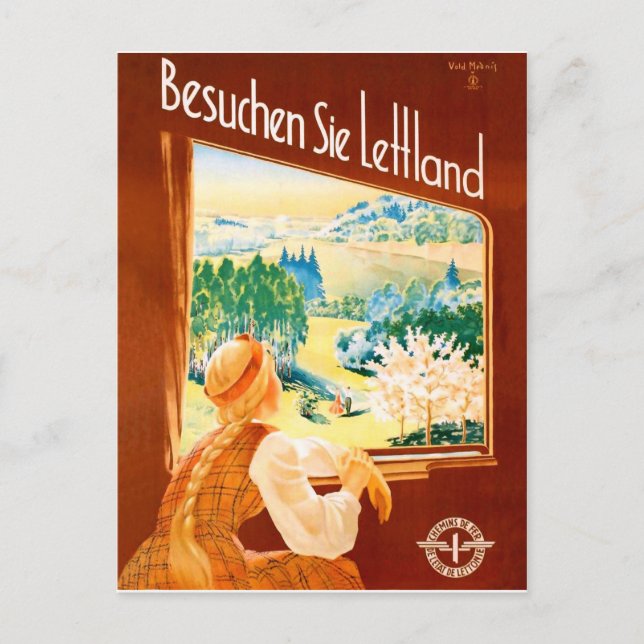 Postal Letonia, chica en tren mirando por la ventana (Anverso)