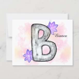 Postal Letra acuarela B con flores moradas