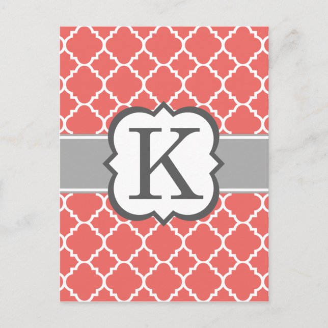 Postal Letra coral blanca monograma K quatrefoil (Anverso)