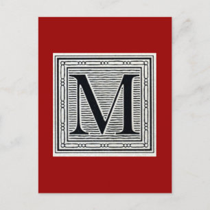 Postal Letra de bloque "M" Woodcut Woodblock Inital