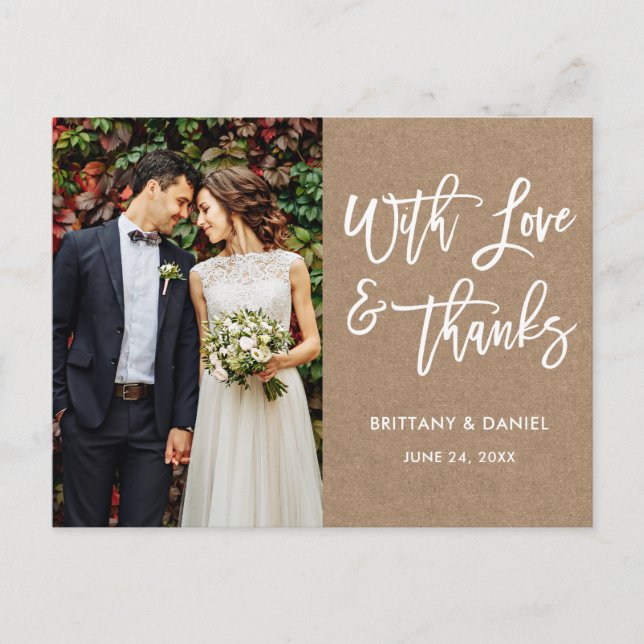 Postal Letra de pincel moderna Amor y gracias Boda Kraft (Anverso)