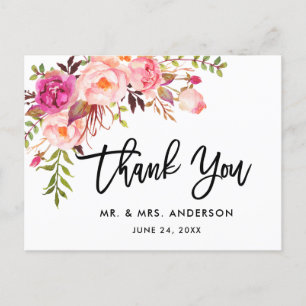 Postal Letra de pincel Rosa Floral Boda Agradecimiento