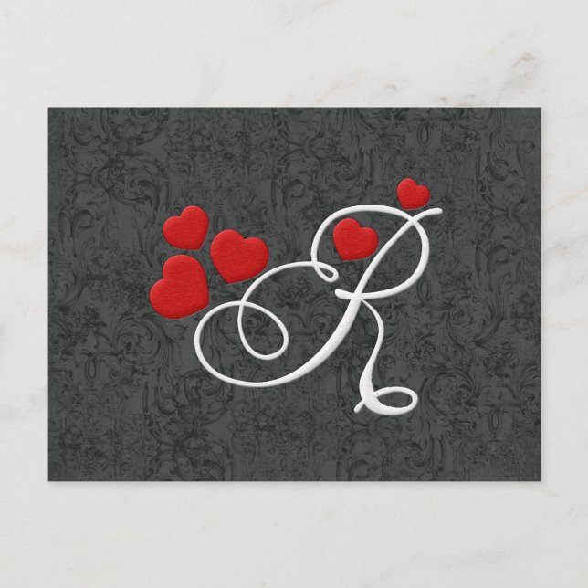 Postal Letra elegante R de los corazones (Anverso)